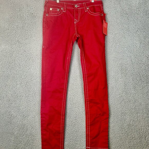 New TRUE RELIGION Size 16 (30) Red Super Stretch Skinny Embroidered Pockets Y2K - Picture 4 of 11